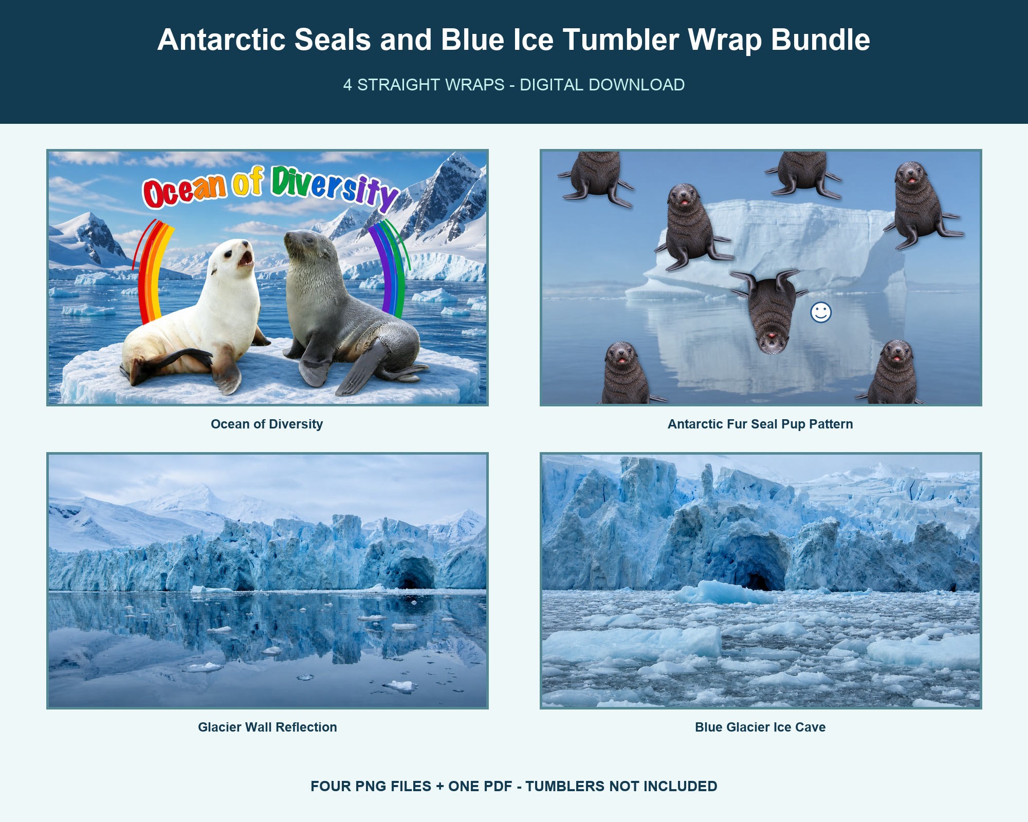 Four Antarctic Seals and Blue Ice tumbler wrap designs