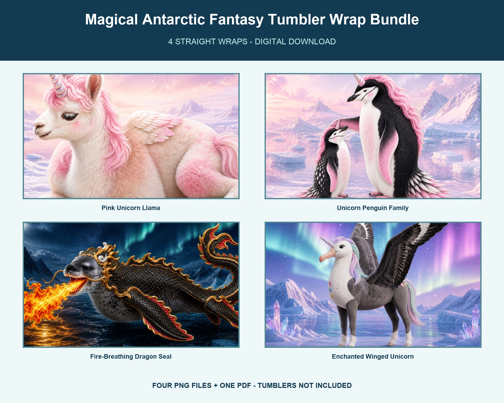 Four Magical Antarctic Fantasy tumbler wrap designs
