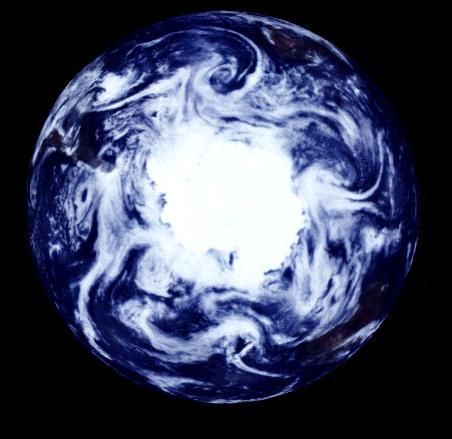 Earth viewed from above the South Pole, with bright white Antarctica in the centre