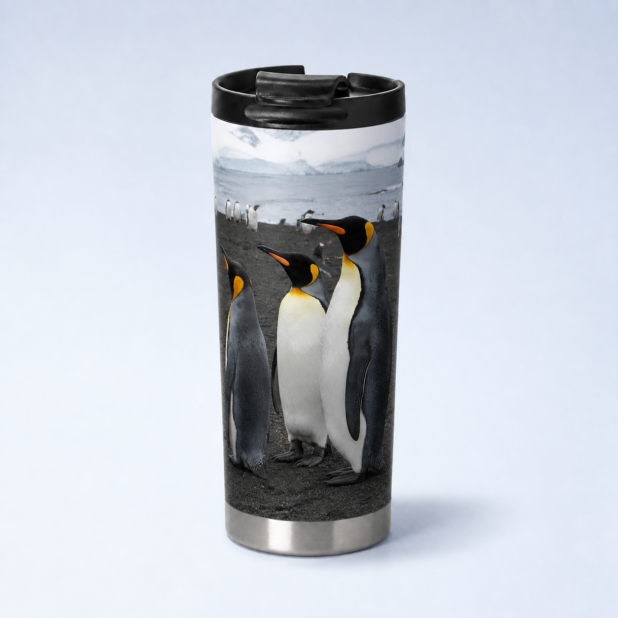King Penguins on the Beach artwork on a customizable thermal tumbler